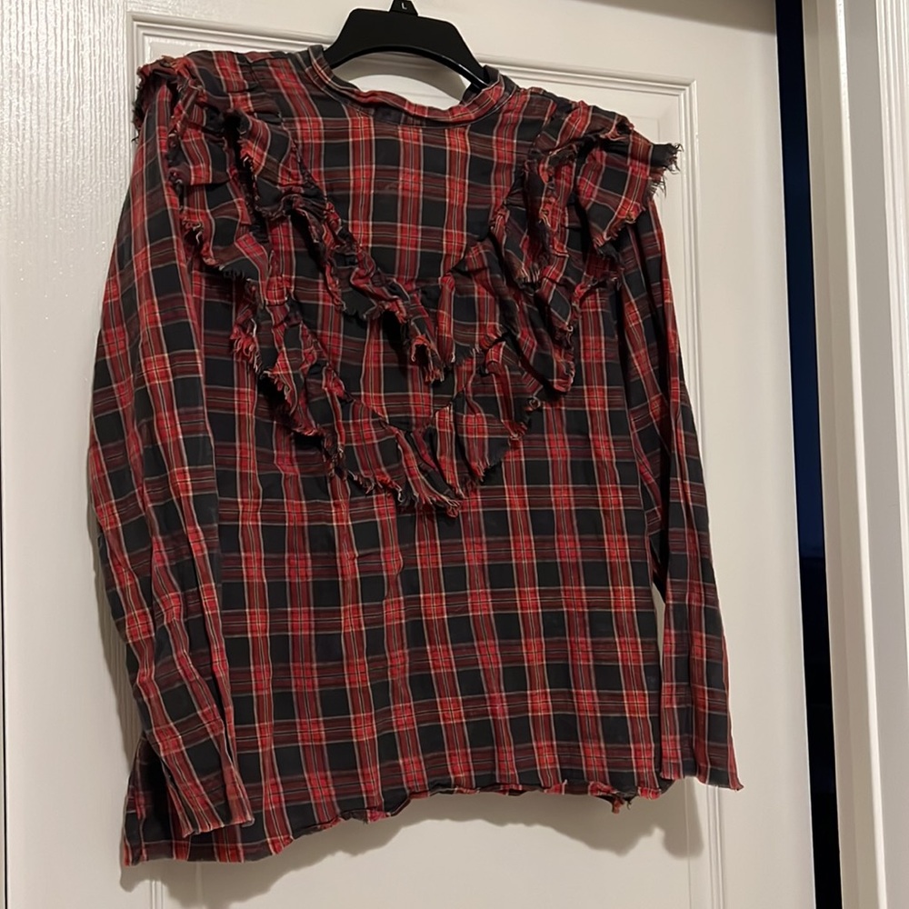 Zara LS Raw Hem Ruffle Plaid Top